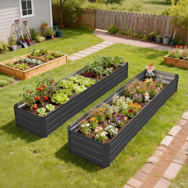 Outsunny Jardinera Exterior Grande Rectangular de Acero Galvanizado Huerto Urbano con Base Abierta 240x60x30 cm Gris Oscuro