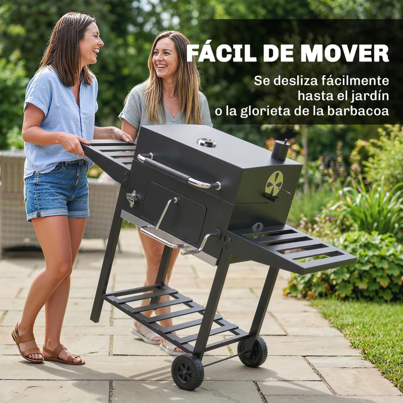 Outsunny Barbacoa de Carbón con Bandeja Ajustable Estantes Plegables Ruedas Termómetro Tapa Chimenea Ventilaciones y Cesta