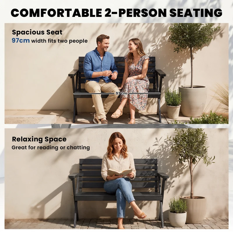 Outsunny 2 Seater Wooden Garden Bench, Slatted Patio Bench with Armrest and Backrest, Black