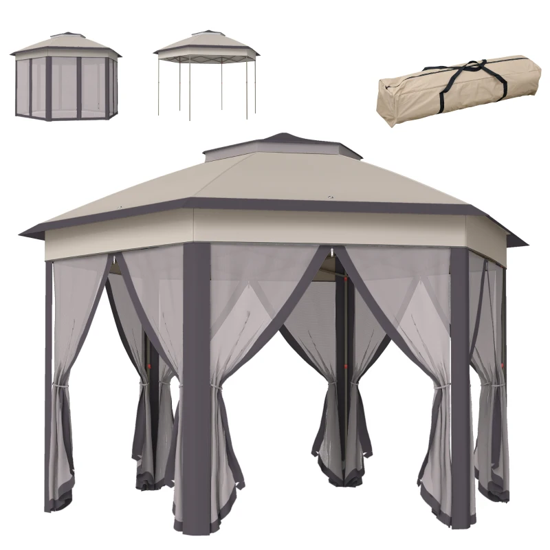 Outsunny 3 x 4m Garden Gazebo Hexagon Pop Up Gazebo Party Tent Canopy Double Roof Instant Shelter with Netting and Carry Bag for Outdoor Patio, Beige