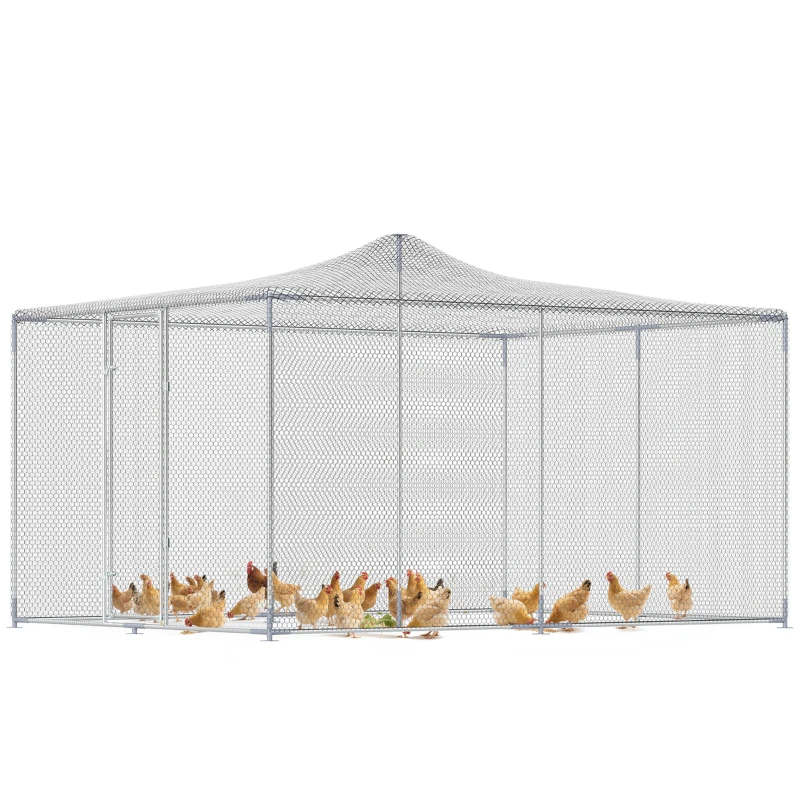 PawHut Țarc pentru Găini de Exterior, 4x3x2m 12㎡ Adăpost pentru Găini din Oțel Galvanizat cu Acoperiș Impermeabil Anti-UV și Închidere Dublă, Coteț pentru Păsări, Animale Mici, Iepuri și Rațe