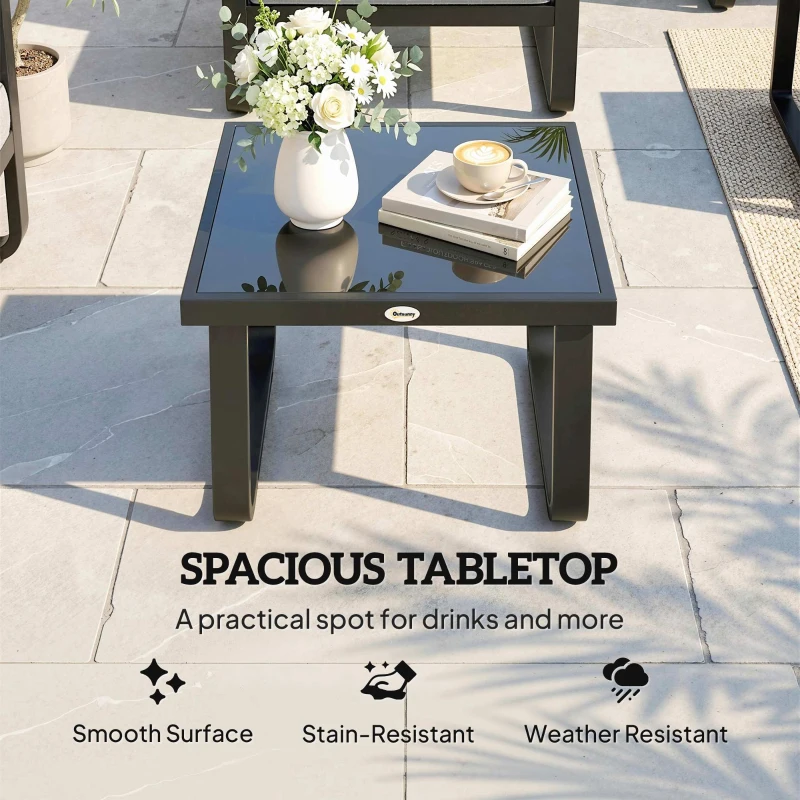 Outsunny Outdoor Garden Coffee Table, Rectangle Metal Side Table with Tempered Glass Tabletop, Adjustable Foot Pads