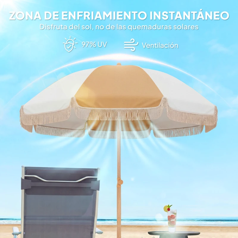 Outsunny Sombrilla de Playa con Flecos Ø175 cm Sombrilla de Terraza Exterior con Altura Ajustable Inclinación 30° Blanco y Beige