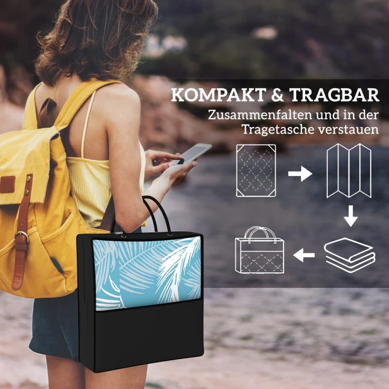 Outsunny Outdoor Teppich wendbarer robuster Wetterfest Outdoorteppich mit Tragetasche Bodenankern 274 x 182 cm Hellblau+Weiß