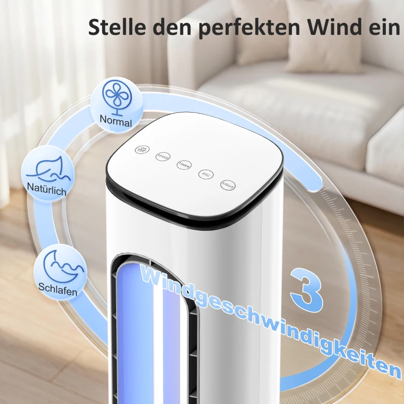 HOMCOM Rotorloser Turmventilator für Schlafzimmer, 35 dB leiser Standventilator mit 50° Oszillation, LED-Leuchten, 3 Geschwindigkeiten, 15-Stunden-Timer, Weiß