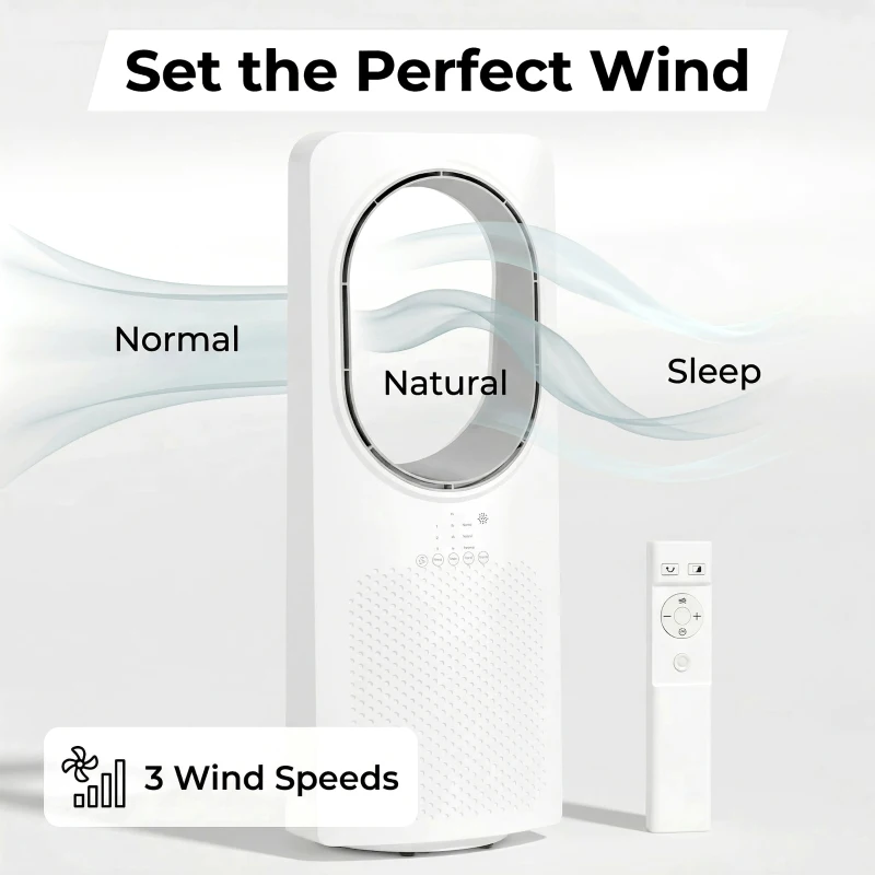 HOMCOM Bladeless Tower Fan for Bedroom, 36dB Standing Cooling Fan with Oscillating, 3 Speeds, 3 Modes, 15H Timer, White