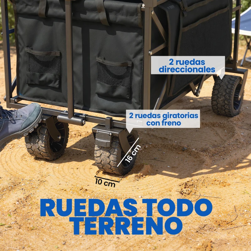 Outsunny Carro de Jardín Plegable con Ruedas Grandes Bloqueables Barra Ajustable Portavasos para Campaña 125x59x133 cm Negro