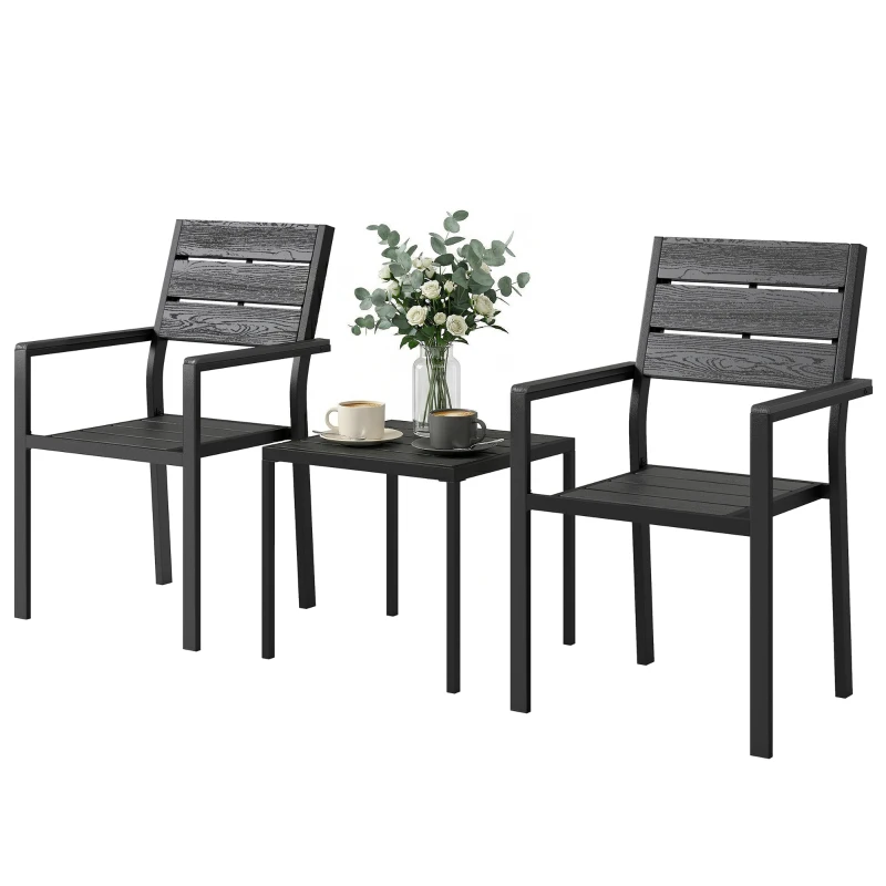 Outsunny Set bistro de grădină 3 piese masă bistro cu 2 scaune, design lamele, aspect lemn, blat HDPE rezistent la rugină