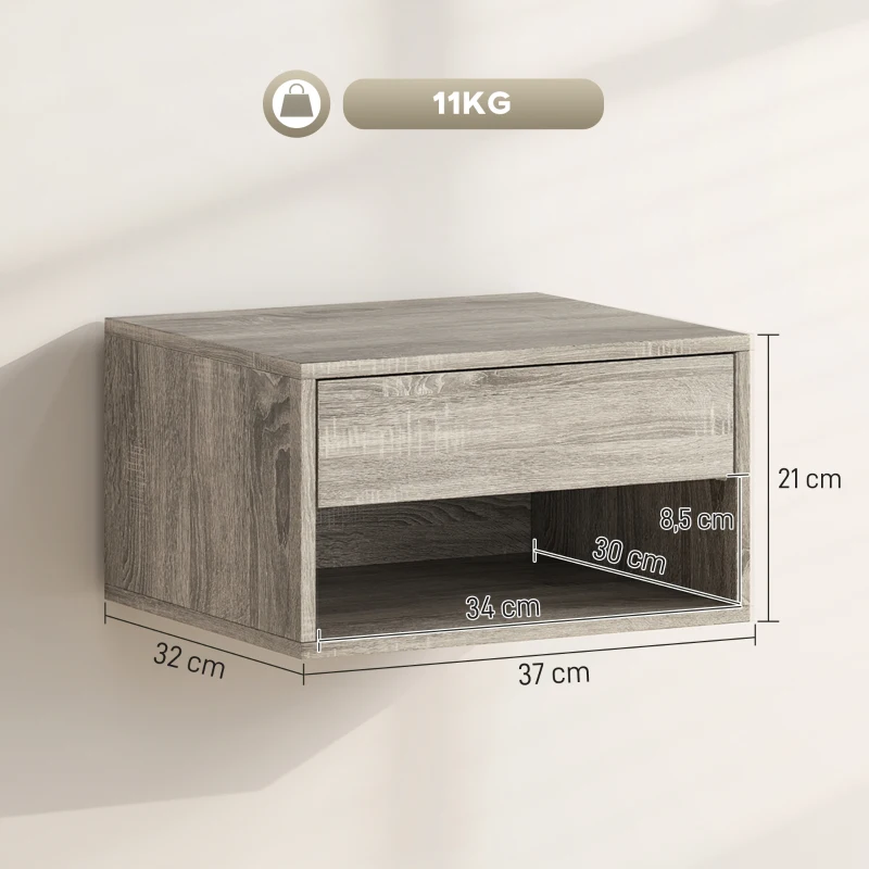 HOMCOM Lot de 2 tables de chevet murales, tables de nuit, tiroir, compartiment ouvert, plateau, 37 x 32 x 21 cm, gris