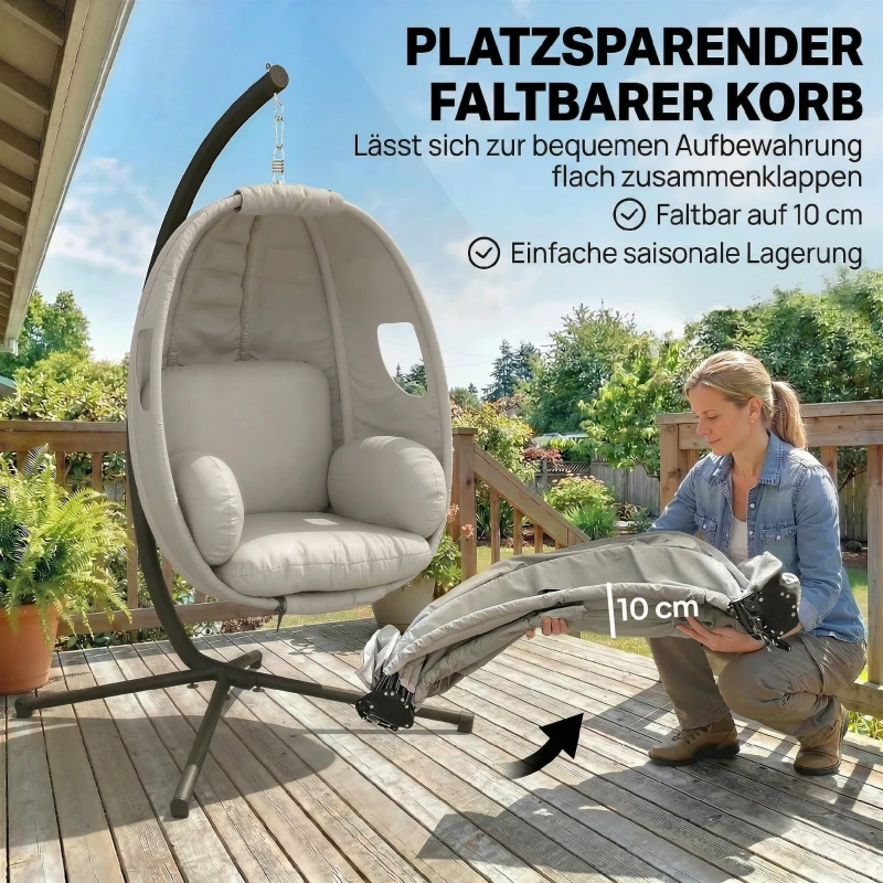 Outsunny Hängesessel mit Gestell, faltbar Hängekorb mit dick Sitzpolstern verstellbarer Höhe Sicherheitsgurt bis 120 kg