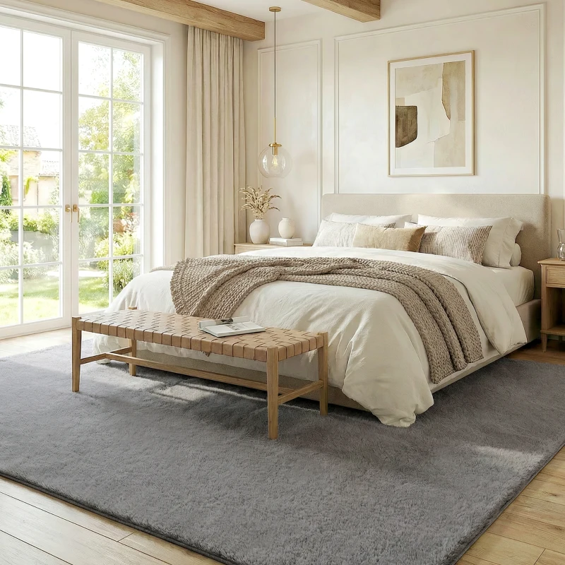 HOMCOM Tapis salon 160 x 120 cm tapis à poils longs, lavable en machine, antidérapant, en fausse fourrure, gris clair