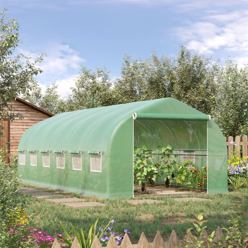 Outsunny Invernadero de Jardín 6x3x2 m con Puerta y 12 Ventanas Enrollables Huerto para Cultivos Plantas Flores Verde