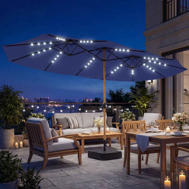 Outsunny Double Sided Garden Parasol with Base Included & 48 Solar LED Lights Patio Umbrella Crank Handle 4.6m Dark Blue