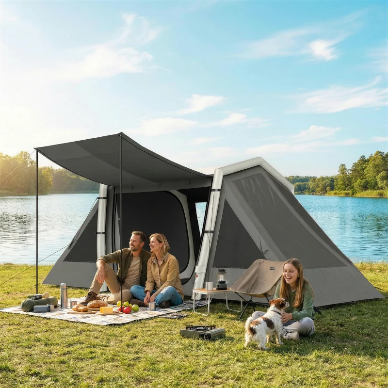 Outsunny Tenda gonfiabile 4 persone oscurante con 2 camere, 580 cm, Grigio scuro