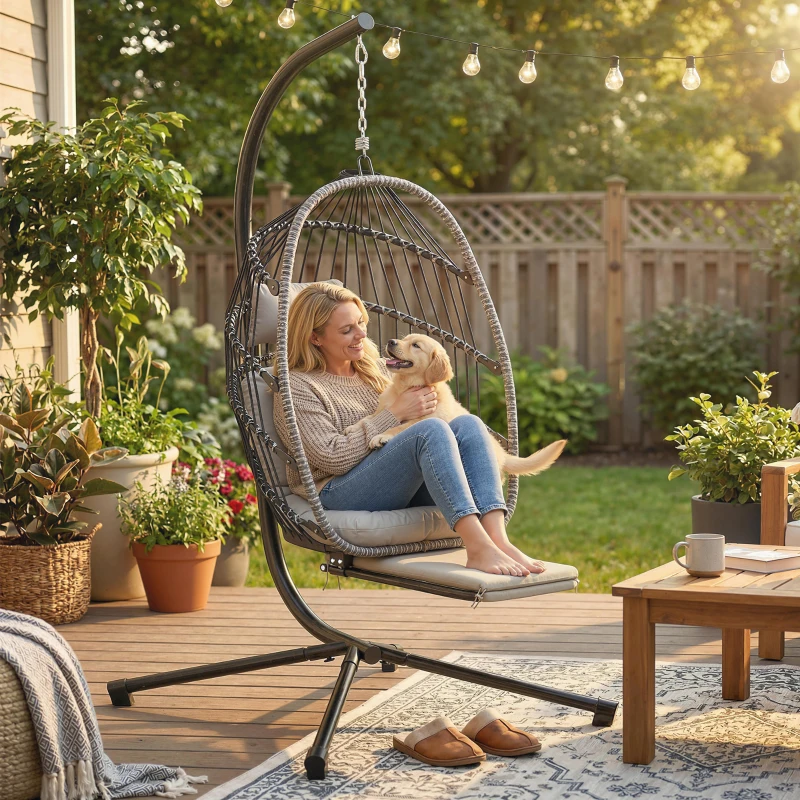 Outsunny Fauteuil suspendu avec support, chaise suspendue pliante avec repose-pieds rétractable, gris clair