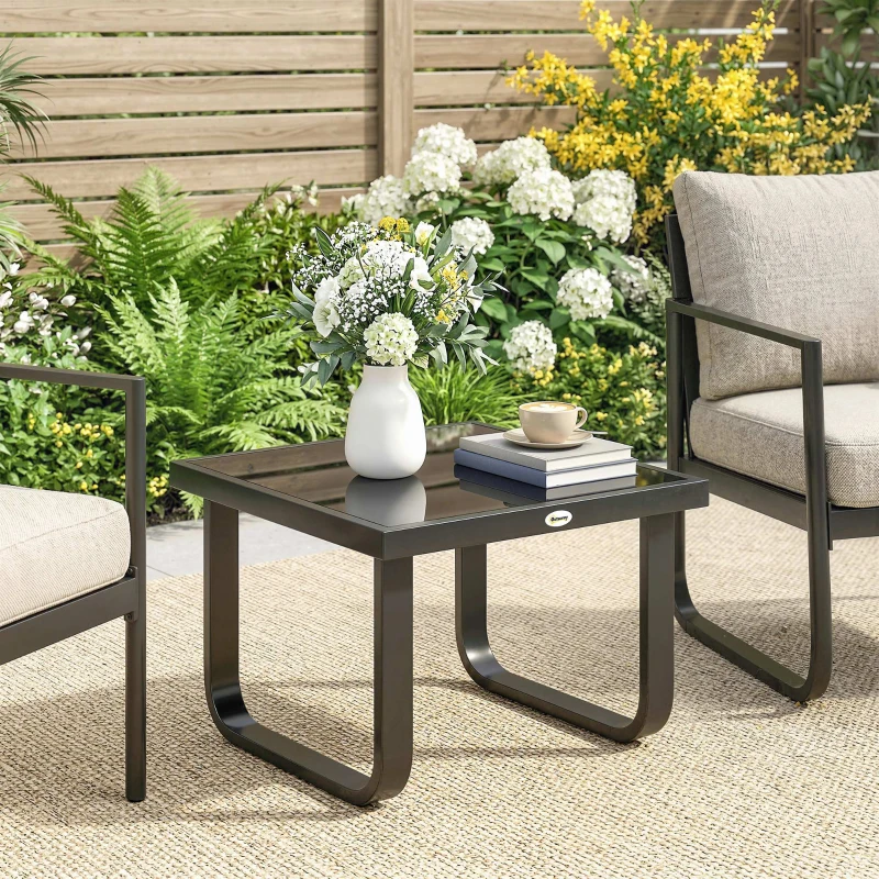 Outsunny Outdoor Garden Coffee Table, Rectangle Metal Side Table with Tempered Glass Tabletop, Adjustable Foot Pads