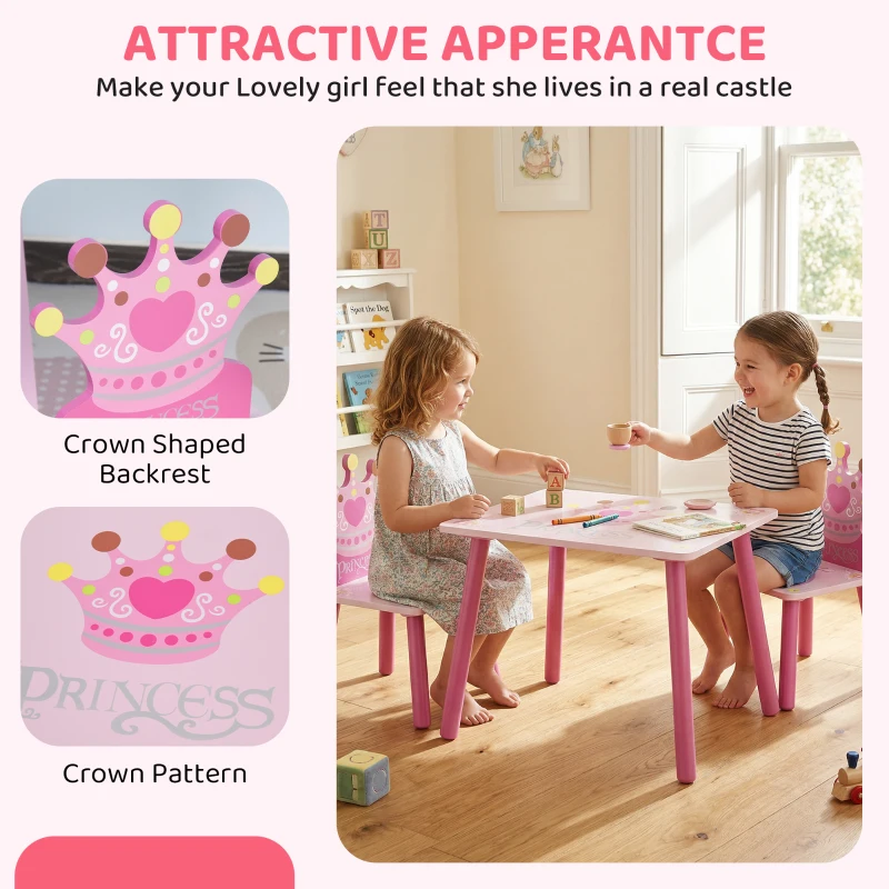 HOMCOM 3 Pcs Kids and Table Chair Set Princess & Crown Theme Home Furniture Pretty Gift Pink