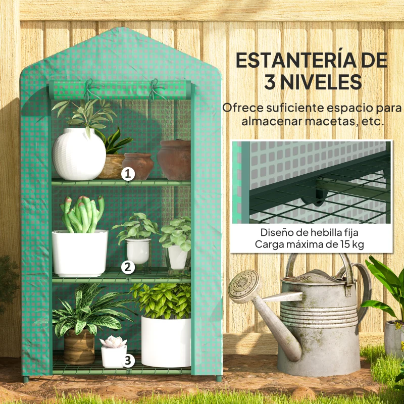 Outsunny Invernadero de Jardín de 3 Niveles Puerta Enrollable Marco de Metal Cubierta de PE Anti-UV 69x49x125 cm Verde