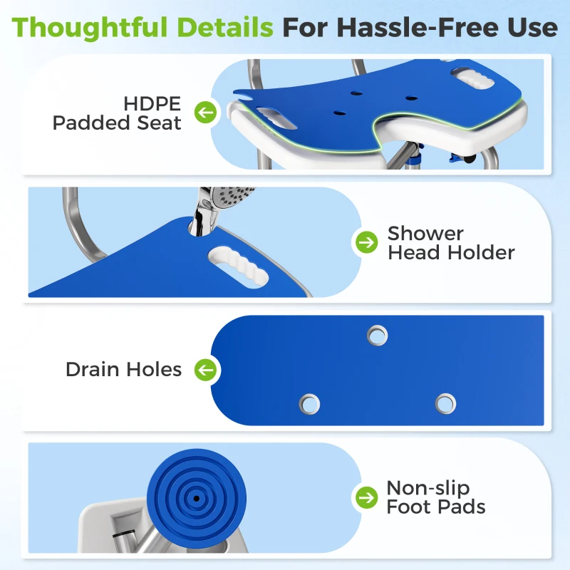 HOMCOM Shower Chair with U-Shaped Cutout, Height Adjustable Bath Bench, Padded Shower Stool for Elderly, Senior, Disabled, Blue