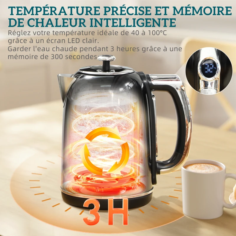 HOMCOM Ensemble bouilloire et grille-pain, bouilloire en acier inoxydable 1,7 L et 2200 W et grille-pain à 2 tranches, noir