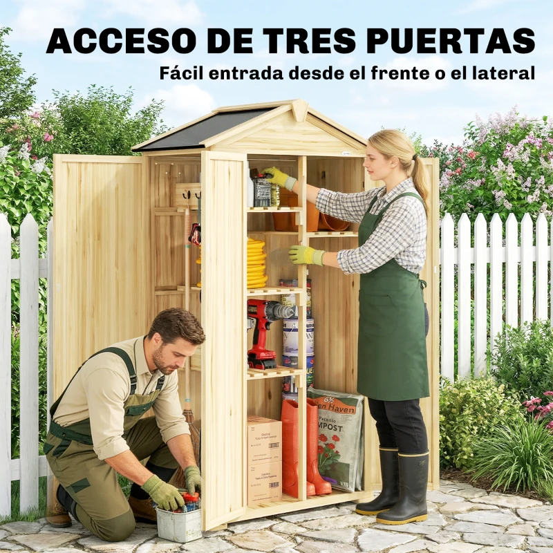 Outsunny Caseta de Jardín de Madera 93x53x168 cm Armario para Herramientas con 4 Estantes 3 Puertas y Ganchos Madera Natural