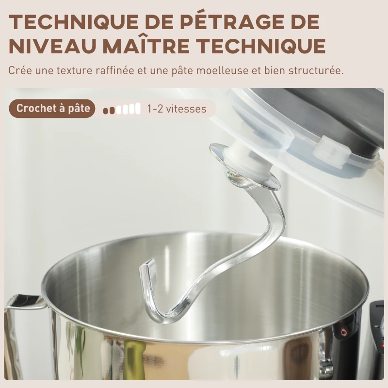 HOMCOM Robot pâtissier 1300 W, robot pétrin professionnel 4,5 L, bol d'acier inoxydable, 6+P vitesses et pulse, argent