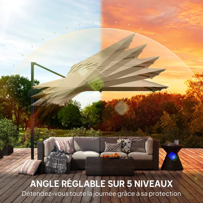 Outsunny Parasol déporté carré 3 x 3 m, parasol de jardin extérieur, rotation 360°, inclinable 5 positions, base en croix, kaki