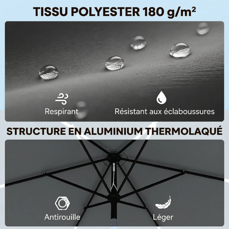 Outsunny Parasol de Jardin Extérieur Rond 2m, Inclinable à 30°, Manivelle, Mât en Aluminium, Toile 180 g/m², Anti-UV, Gris Foncé