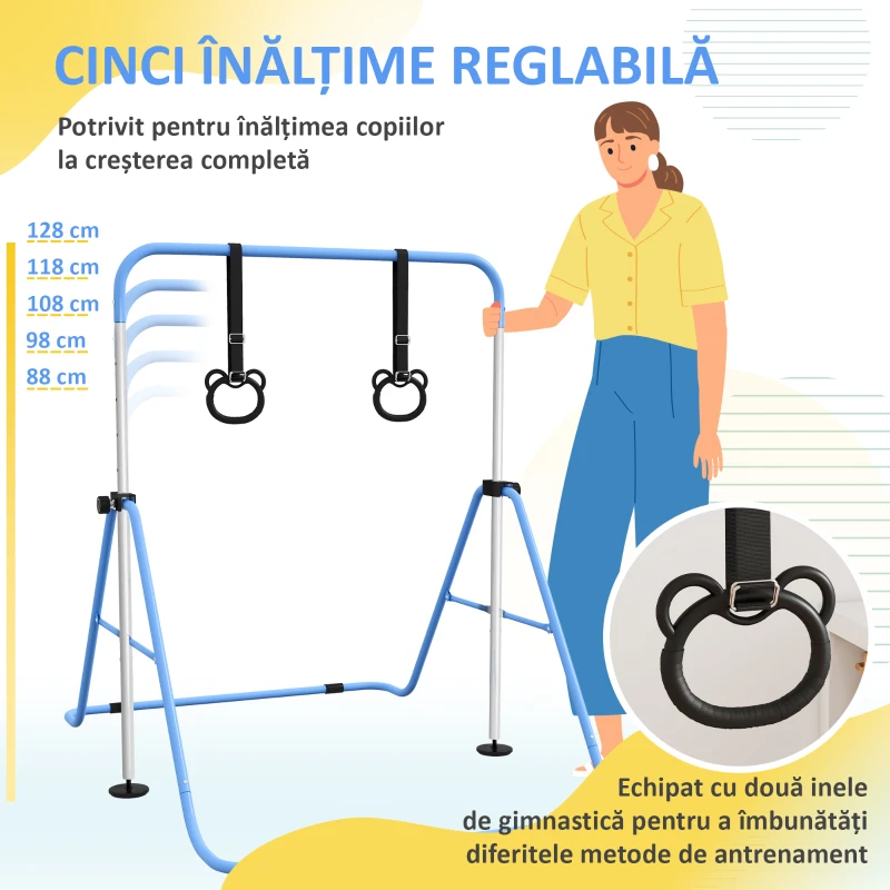 HOMCOM Bară de Gimnastică Ajustabilă, Pliabilă, pentru Copii 3+ Ani, cu Covorașe Antiderapante, Roz