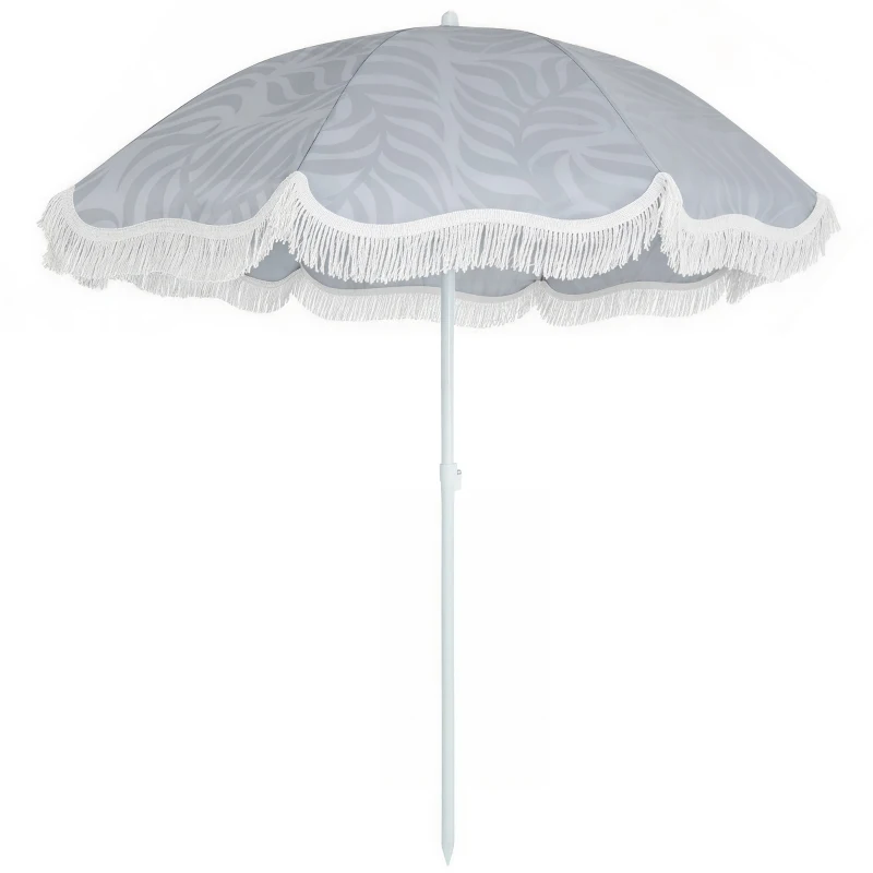 Outsunny 1.8 m Beach Umbrella Parasol with Sand Anchor, Portable Tilting Garden Parasol with Adjustable Height, Light Grey