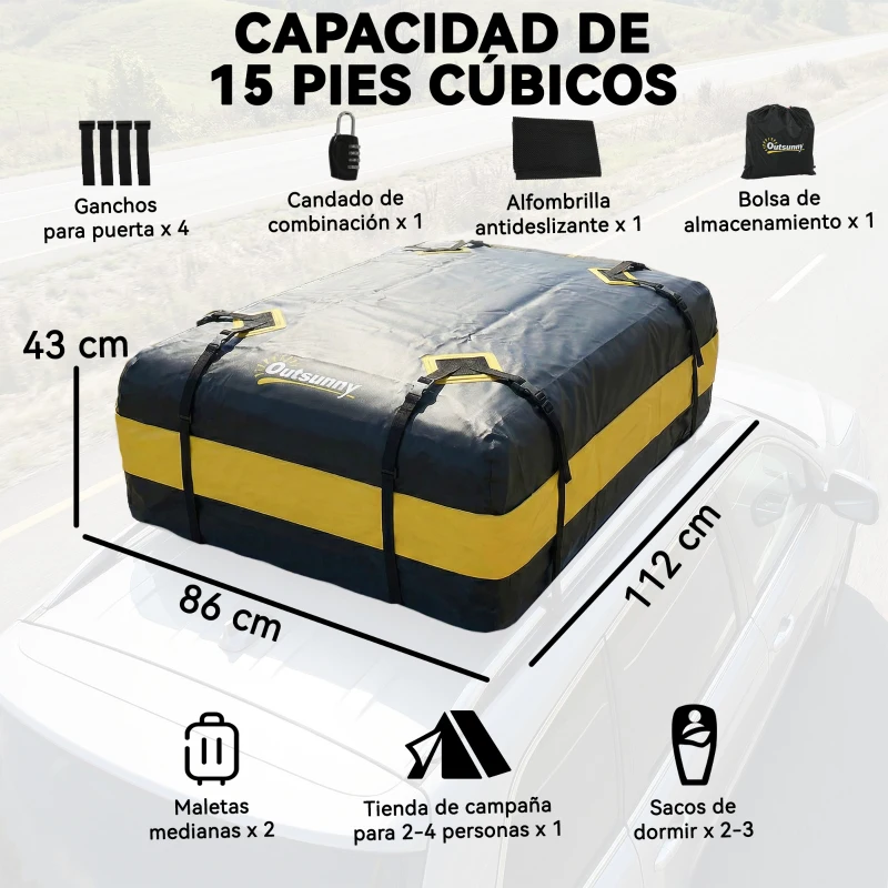 Outsunny Bolsa de Techo para Coche 425L Impermeable con 8 Correas Alfombrilla Antideslizante Ganchos para Vehículos Amarillo