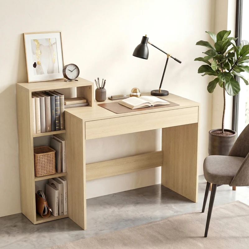 HOMCOM Schreibtisch mit Stauraum, Computertisch mit 3 Regalböden und Schublade, 100 x 40 x 90 cm, Naturholz