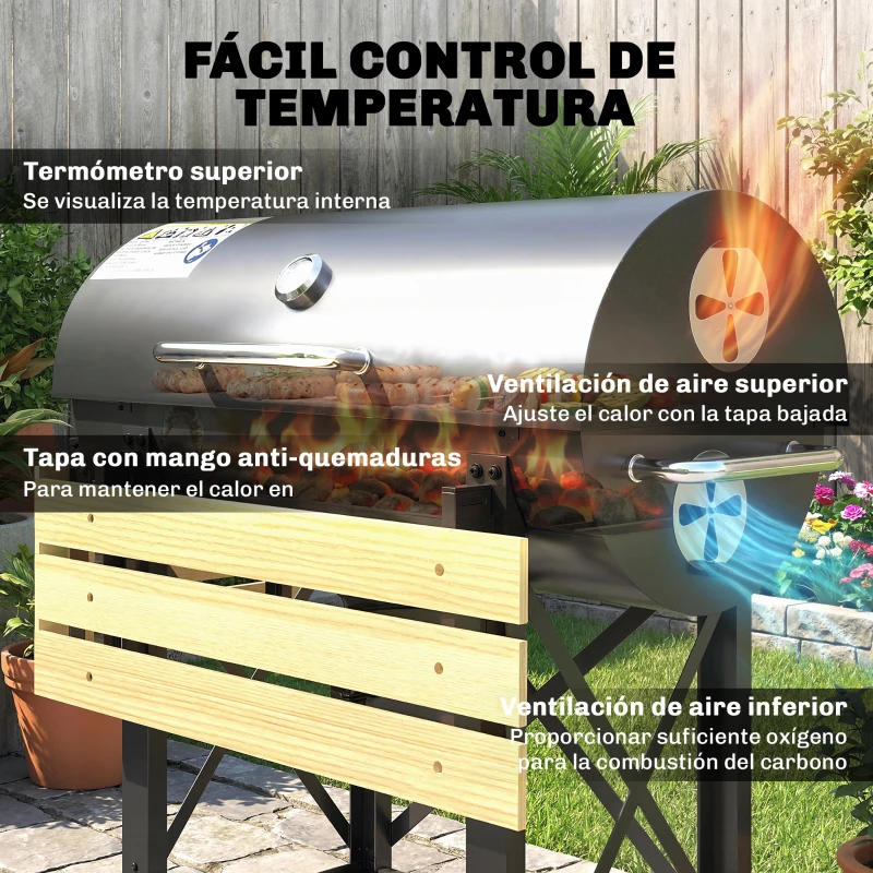Outsunny Barbacoa de Carbón Portátil Móvil con Estantes Plegables Termómetro Tapa Ventilaciones Ajustables 109x71x98 cm Negro