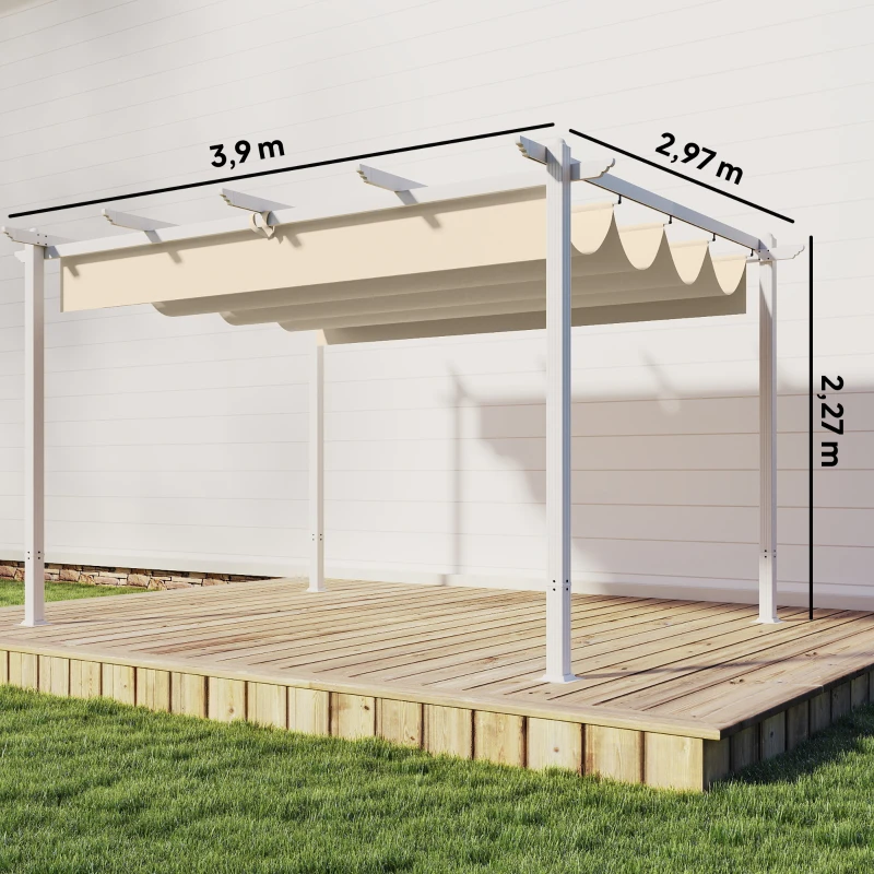 Outsunny Pérgola de Jardín 4x3 m con Techo Retráctil Protección UPF30+ Drenaje Cenador de Jardín para Patio Exterior Beige