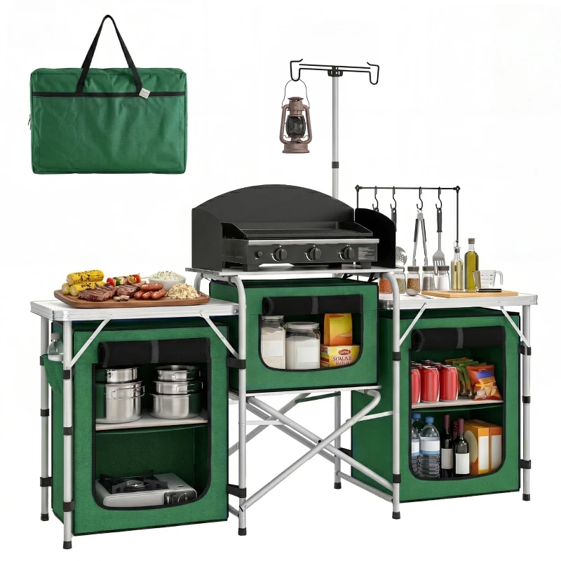 Outsunny Móvel de Cozinha para Campismo Dobrável com 3 Mesas 4 Ganchos Poste de Luz e Bolsa de Transporte 172x48x119 cm Verde