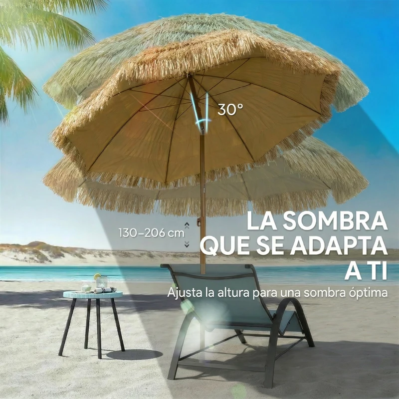Outsunny Sombrilla de Playa con Flecos de Paja Ø178 cm con Inclinación Altura Ajustable UV50+ Bolsa de Transporte Marrón Claro