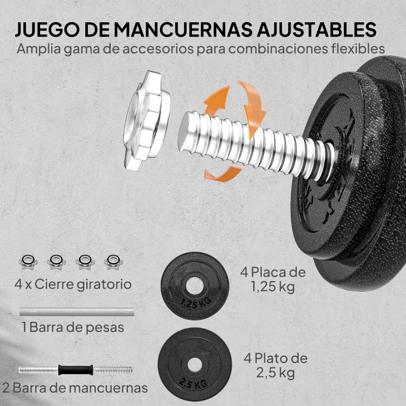 SPORTNOW Juego de Mancuernas Ajustables 20 kg 2 en 1 con Barras Recta de Conexión y Mangos Antideslizantes para Gimnasio en Casa