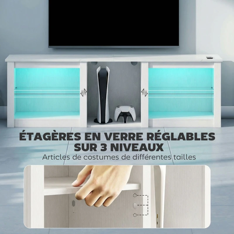 HOMCOM Meuble TV avec éclairage LED pour télévision jusqu'à 70 pouces, 160cm avec étagères en verre réglables, blanc