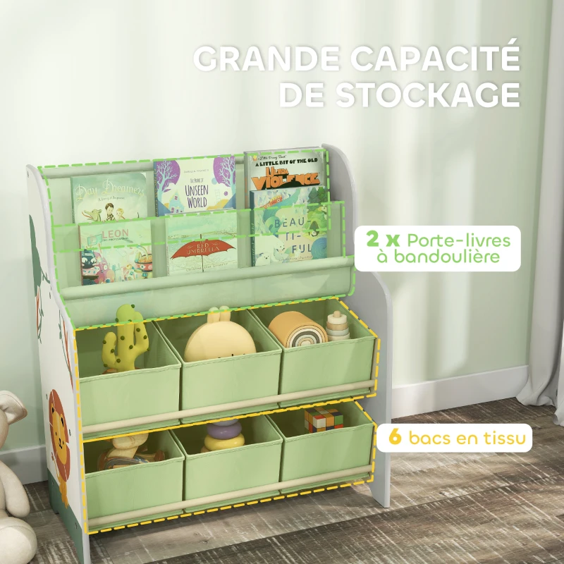 AIYAPLAY Meuble rangement enfant, rangement jouet enfant, 6 tiroirs en tissu et étagère à deux niveaux, 63x30x71cm, vert