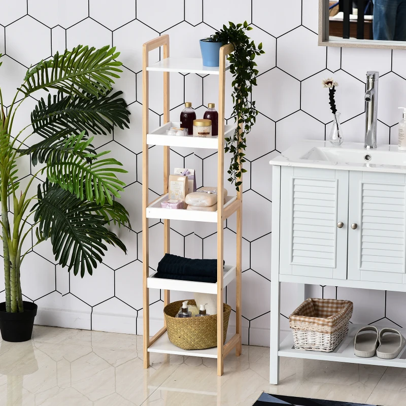 HOMCOM Etagère en Bambou de Salle de Bain étagère Debout 3 paniers + 2 étagères dim. 32L x 30l x 130H cm Beige Blanc