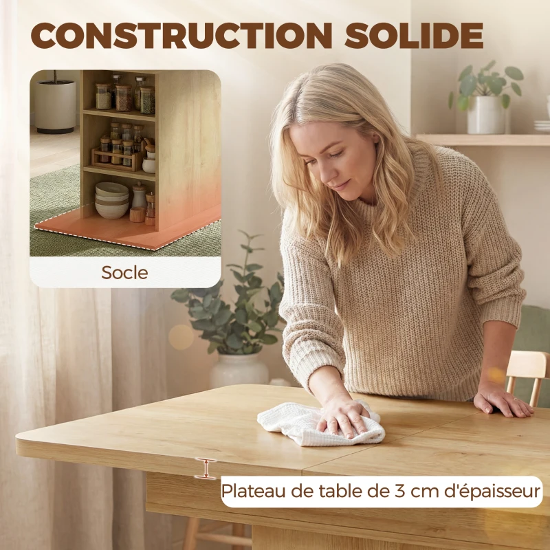 HOMCOM Table à manger extensible rectangle pour 4 à 6 personnes, table de cuisine 110-130 cm, 6 étagères ouvertes, bois naturel