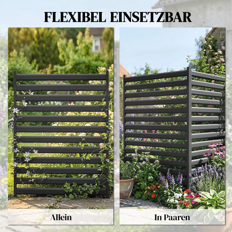 Outsunny Gartenzaun 2 Paneele 91 x 152 cm Metall Sichtschutzzaun mit Pfosten & Schutzkappen rostfreie Schwarz