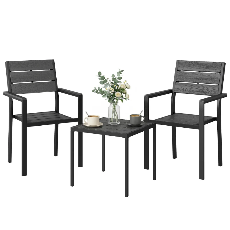 Outsunny Set bistro de grădină 3 piese masă bistro cu 2 scaune, design lamele, aspect lemn, blat HDPE rezistent la rugină