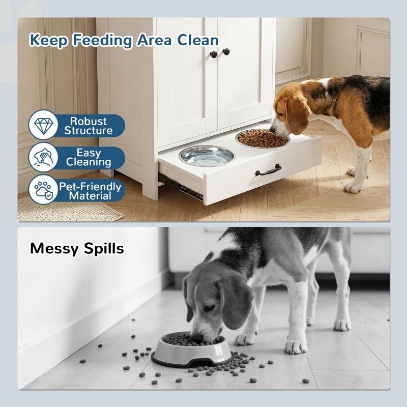 PawHut Pet Feeding Station with Raised Dog Bowls, Adjustable Panel, Hooks, White