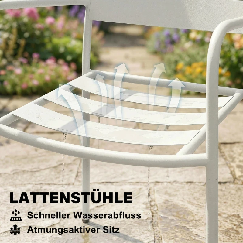 Outsunny Bistroset 3 teiliges Metall Gartenmöbel-Set mit 2 Gartenstühlen, Glastisch, Lamellen-Design, Rostbeständig