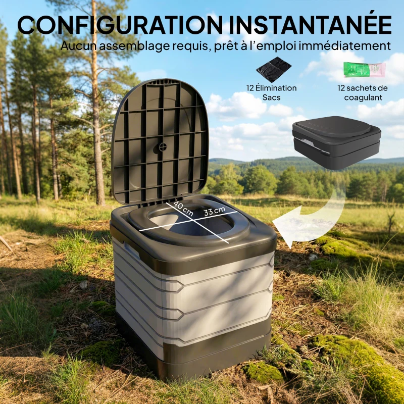 Outsunny Toilette Portable Camping Toilette de camping pour Hommes et Femmes avec 12 Sachets Coagulants et 12 Sacs Jetables, gris