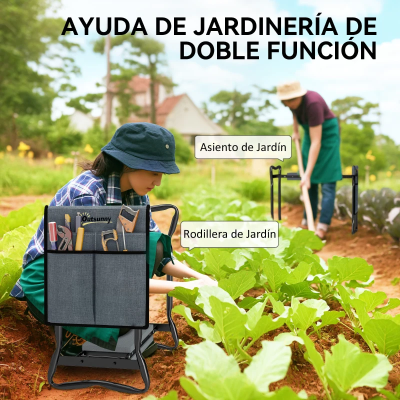 Outsunny Taburete de Jardín Plegable con Almohadilla de Espuma EVA Asiento de Jardín 2 en 1 con Bolsa para Herramientas