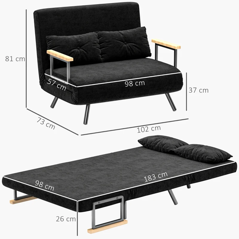 HOMCOM Canapé convertible 2 places 4 en 1, canapé-lit avec dossier réglable sur 5 niveaux, 2 coussins, 102 x 73 x 81 cm, noir