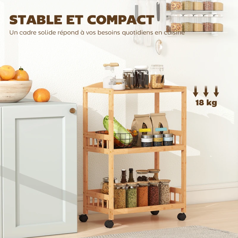 HOMCOM Chariot de cuisine à 3 niveaux, desserte à roulettes en bambou pour chambre, salon, bureau, 53x30,5x83cm, bois naturel