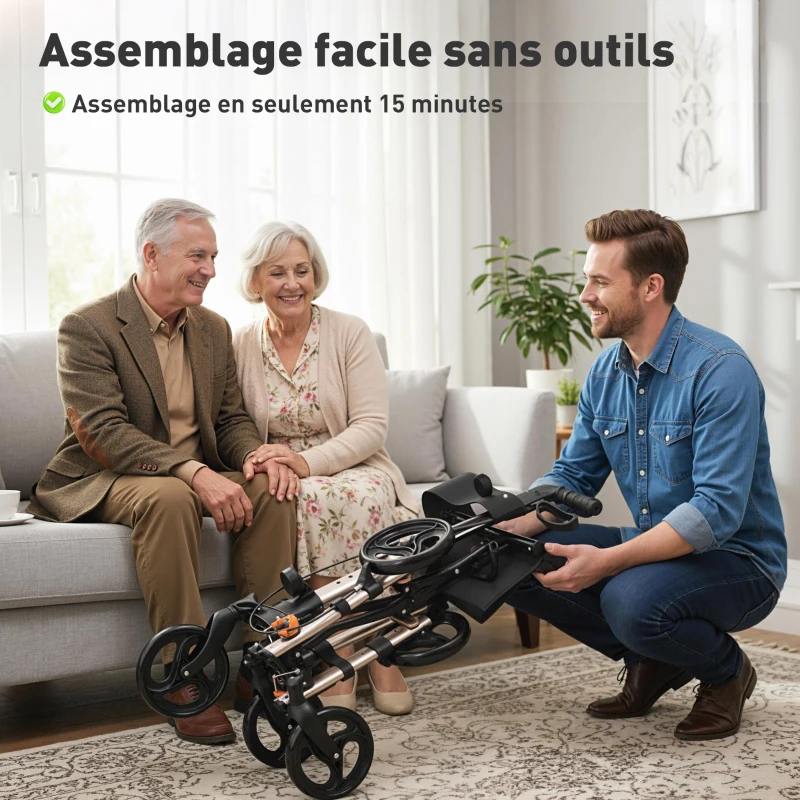 HOMCOM Déambulateur 4 Roues Pliable en Aluminium, Hauteur Réglable 6 Positions, Freins Doubles, Rangement, 64x67x92cm, Doré